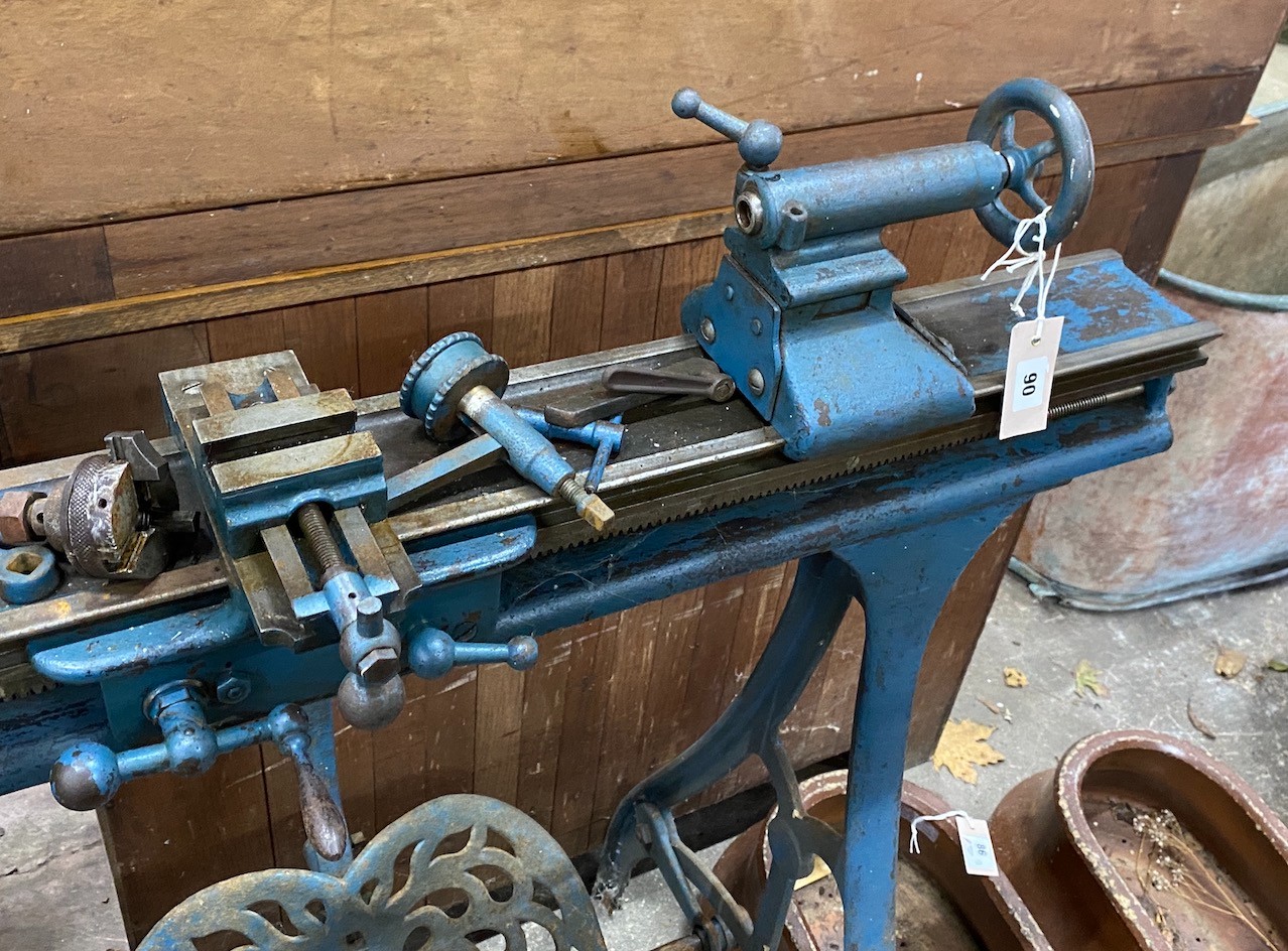 A Myford metalworkers lathe, with a three jaw chuck, width 108cm, height 116cm